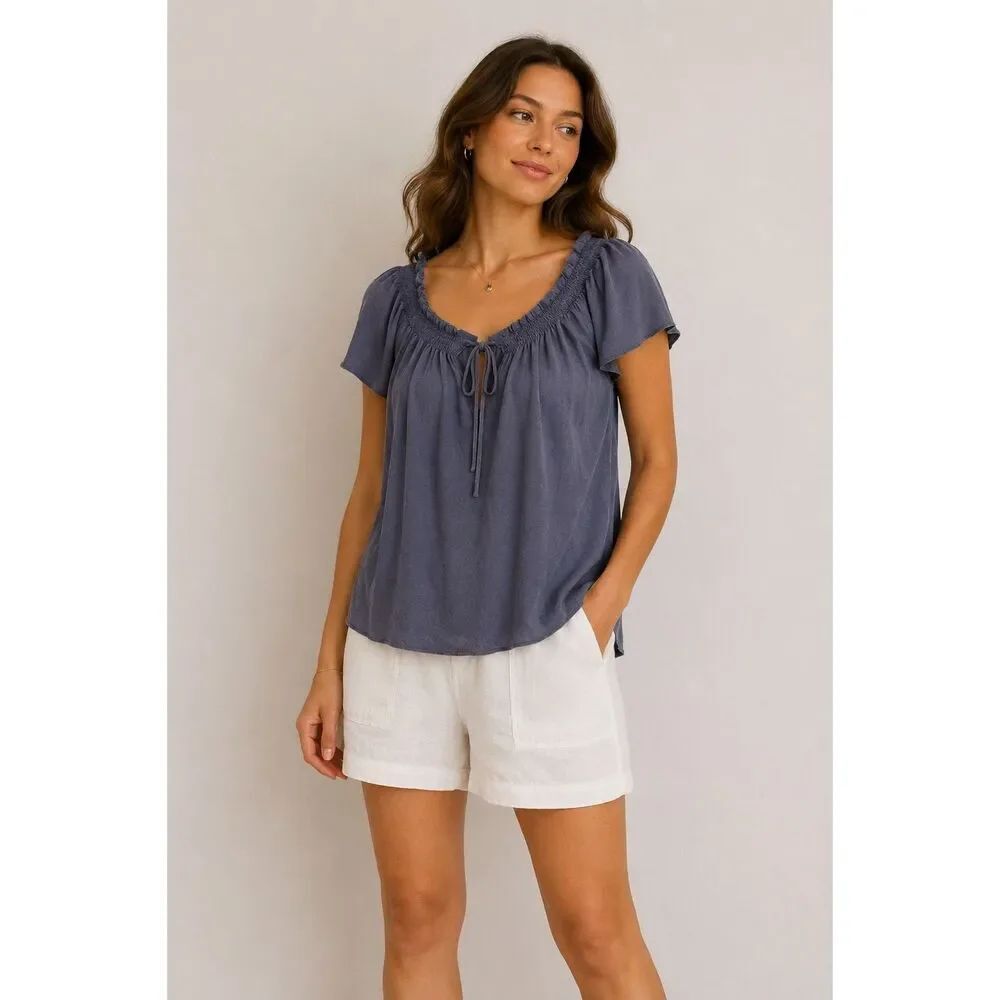 Luxury Boutique Made In Italy Gray Blue Cotton Peasant Top Size S Boho